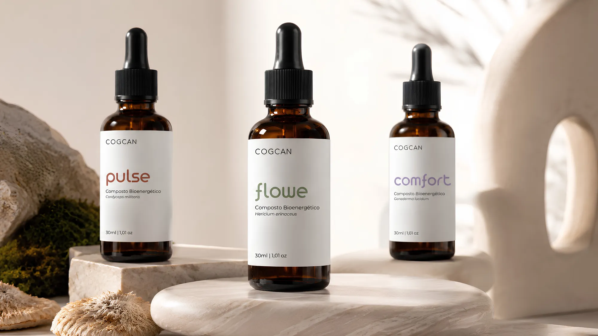 Manhã: os compostos flowe, pulse e comfort em luz clara e natural, com juba de leão.