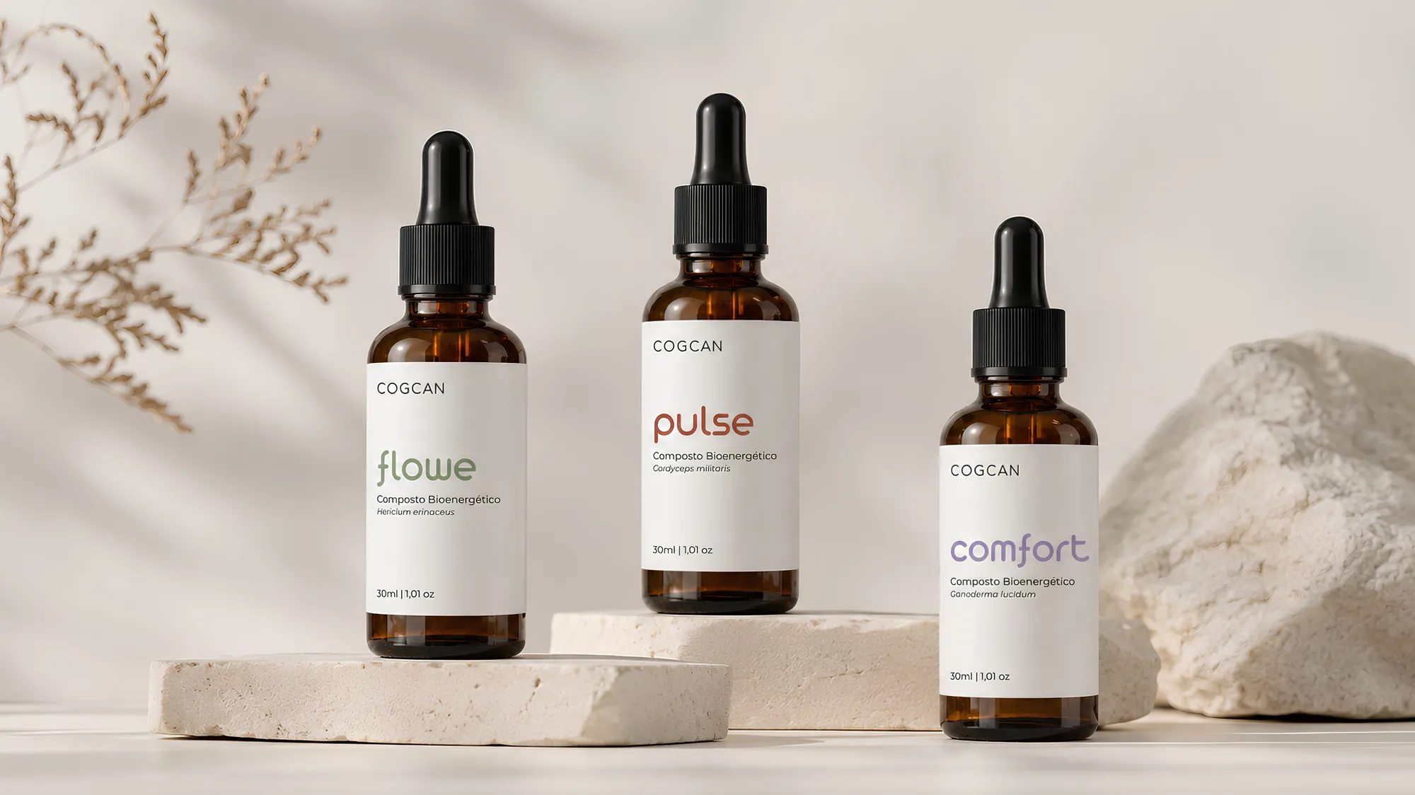 Novo dia: os compostos flowe, pulse e comfort em pedestais de pedra, em ambiente claro.