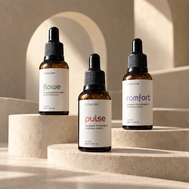 Flowe, Pulse e Comfort em uma composição escalonada de pedra clara.